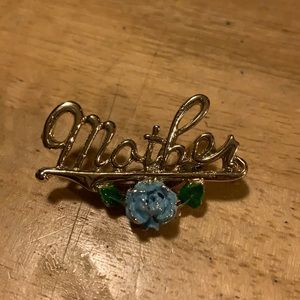 Silver vintage Mother pin with blue flowers